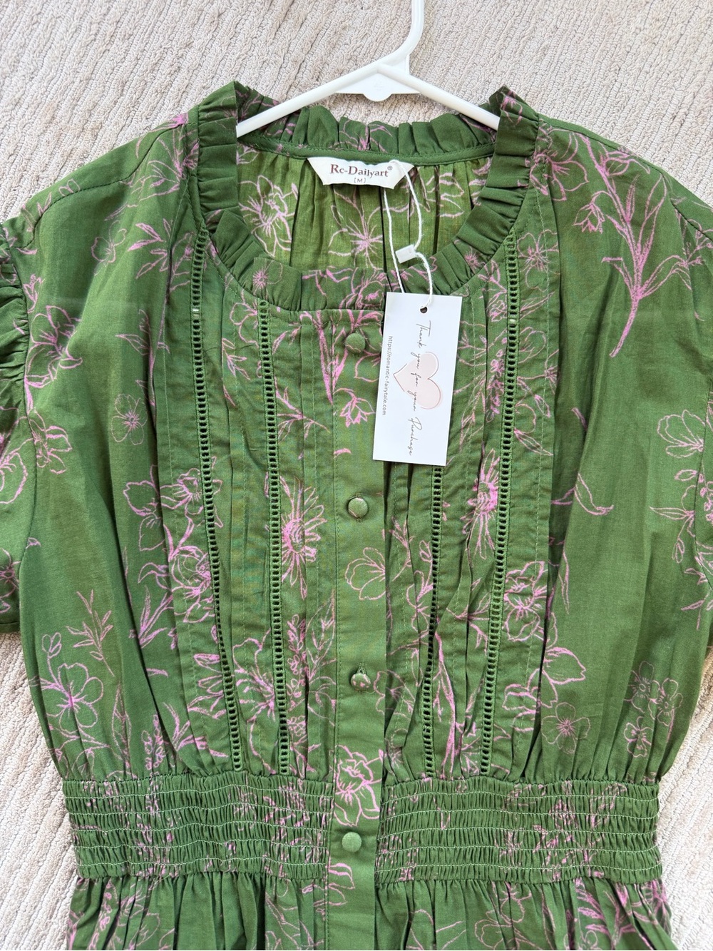 Green Floral Button-Front CottageCore Midi Dress with Smocked Waist. New W Tags - Picture 2 of 16